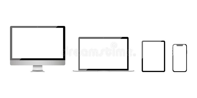 Ipad и iphone apple imac, macbook pro. Таблетка телефона реалистичной современного ноутбука умный монитора компьютера. Макет устро иллюстрация штока