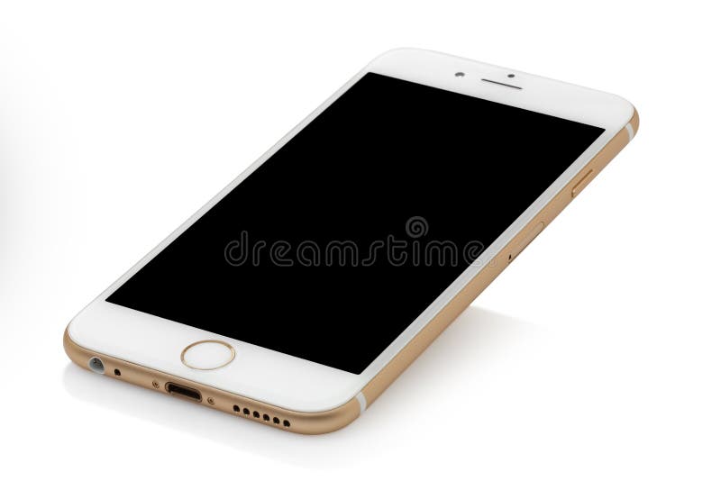 Koszalin, Poland - April 30, 2015: Golden iPhone 6 on white background. Devices displaying the applications on the home screen. The iPhone 6 is smart phone with multi touch screen produced by Apple Computer, Inc. Apple's latest generation phone is notable for it's increased screen size of 4,7 inches. It was released on September 19, 2014.