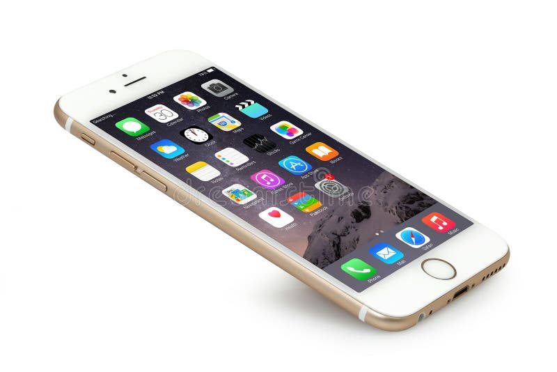 Koszalin, Poland - May 29, 2015: Golden iPhone 6 on white background. Devices displaying the applications on the home screen. The iPhone 6 is smart phone with multi touch screen produced by Apple Computer, Inc. Apple's latest generation phone is notable for it's increased screen size of 4,7 inches. It was released on September 19, 2014.