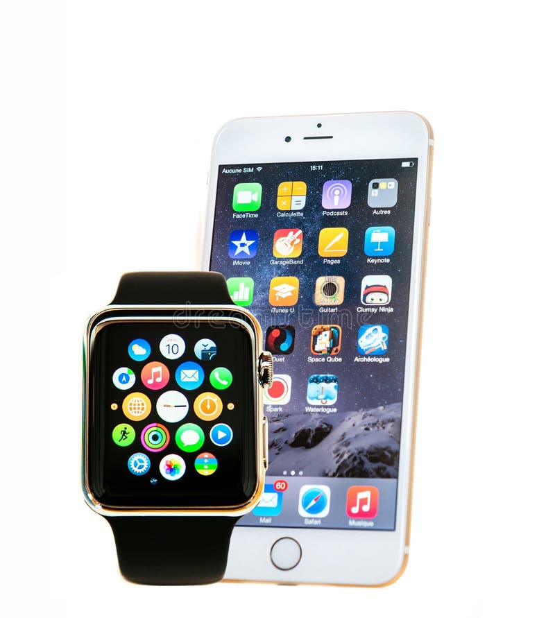 Iphone and Apple watch with apps isolated royalty free stock photos