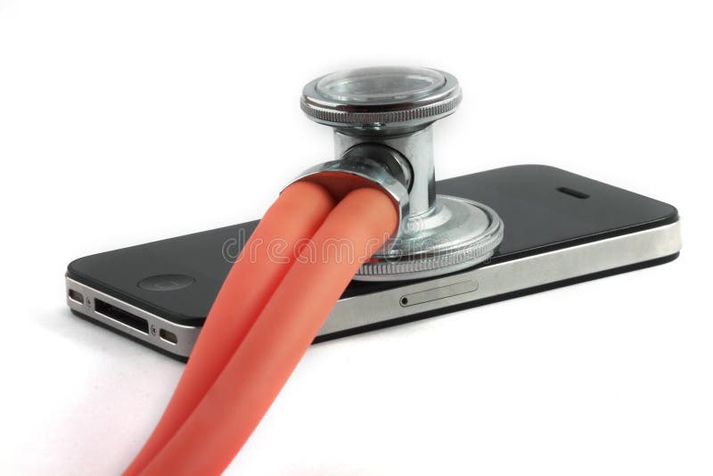Stethoscope over a Black IPhone isolated on white background. Iphone screen recording stock images, royalty-free photos and pictures