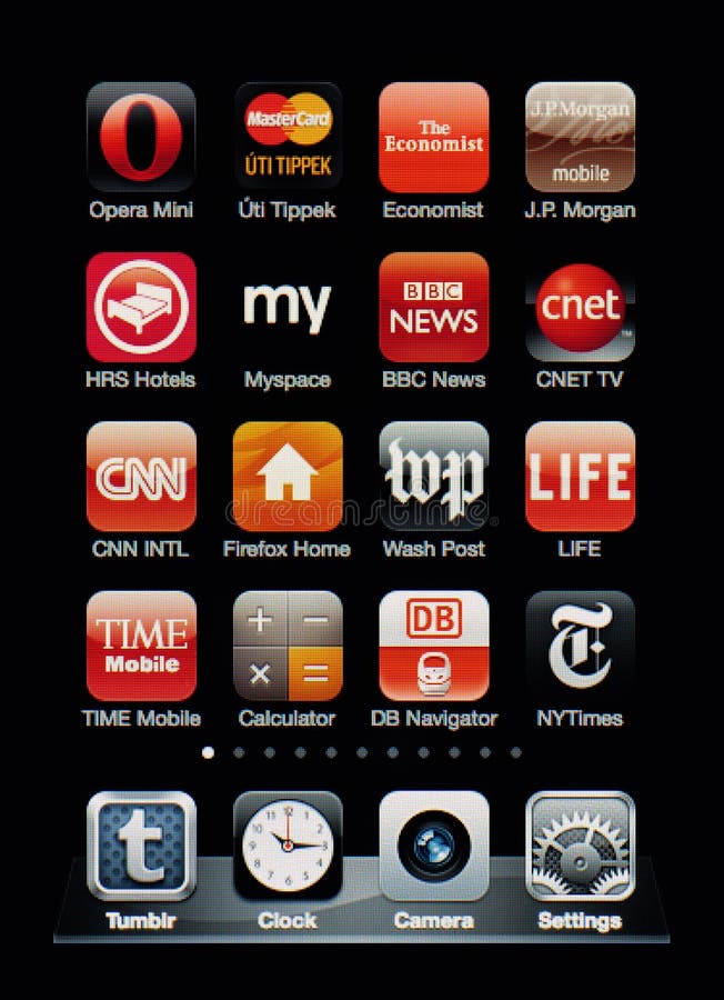 Muenster, Germany, April 16, 2011: Image of the iphone touch screen. Display shows a collection of useful apps with red color scheme. Muenster, Germany, April 16, 2011: Image of the iphone touch screen. Display shows a collection of useful apps with red color scheme.