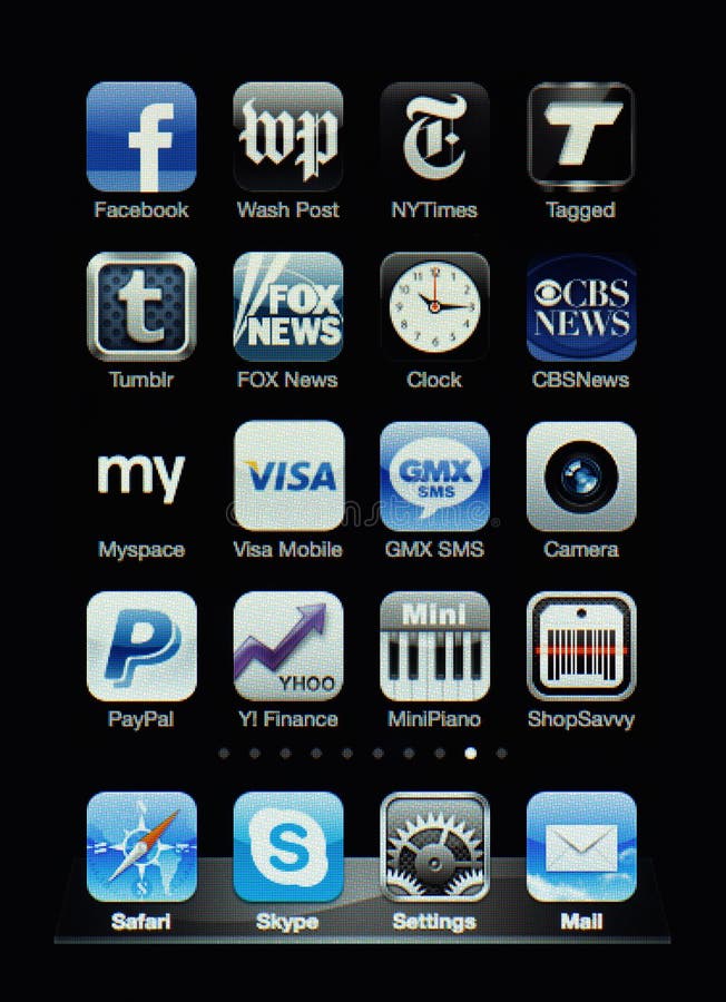 Muenster, Germany, April 16, 2011: Image of the iphone touch screen. Display shows a collection of useful apps with blue and grey color scheme. Muenster, Germany, April 16, 2011: Image of the iphone touch screen. Display shows a collection of useful apps with blue and grey color scheme.