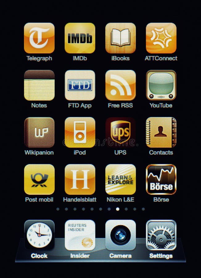 Muenster, Germany, April 16, 2011: Image of the iphone touch screen. Display shows a collection of useful apps with yellow color scheme. Muenster, Germany, April 16, 2011: Image of the iphone touch screen. Display shows a collection of useful apps with yellow color scheme.