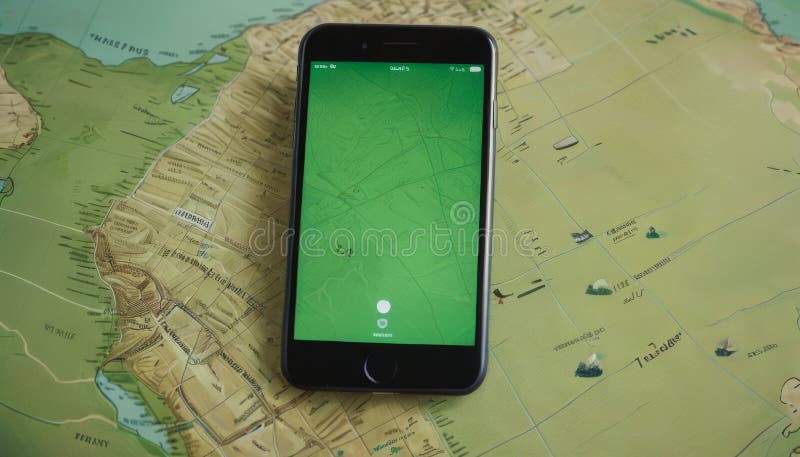 Mobile Phone on Map Background. An iPhone displaying a green screen rests on a topographic map. AI generated