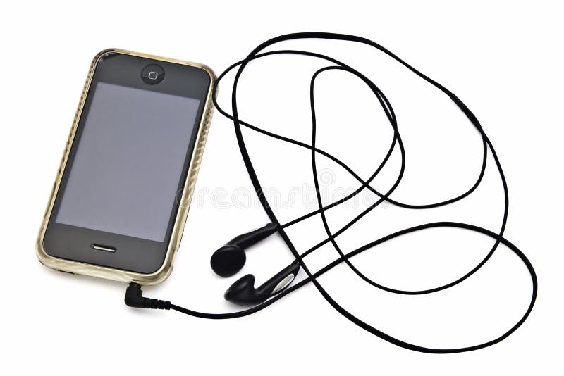 Iphone and earphone closeup on white background. Iphone screen recording stock images, royalty-free photos and pictures