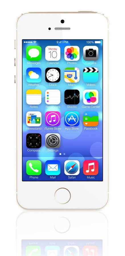 IPhone 5s del oro que muestra la pantalla de inicio con iOS7 stock de ilustración IPhone 5s del oro que muestra la pantalla de inicio con iOS7 stock de ilustración