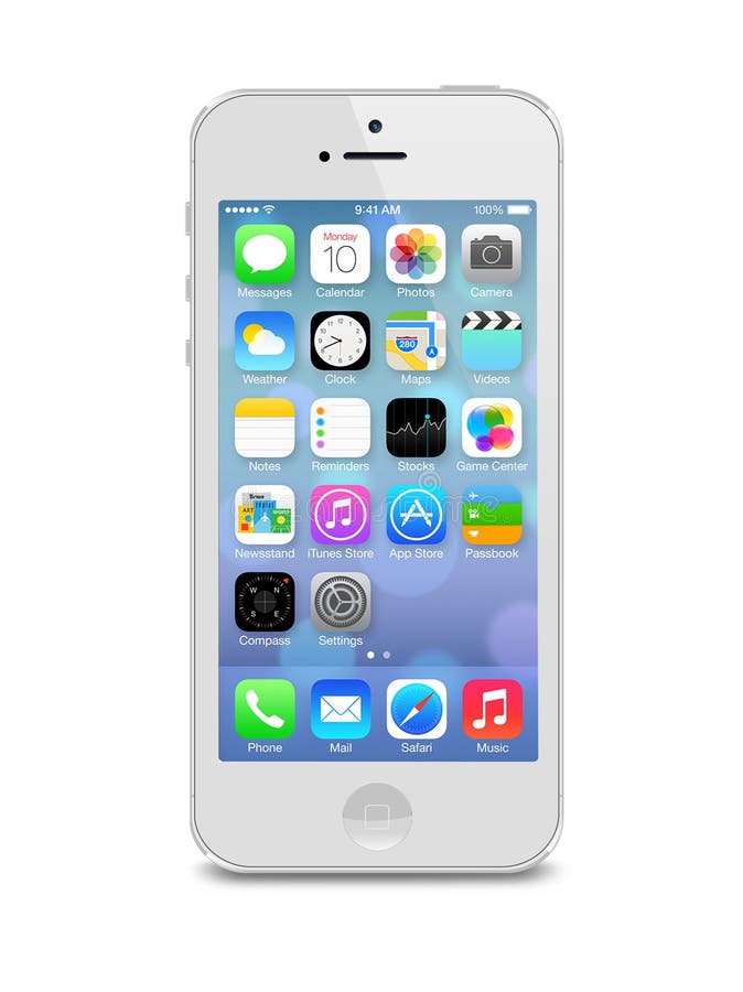 Iphone 5s displaying iOS 8, mobile operating system by Apple, on white Editorial use only.