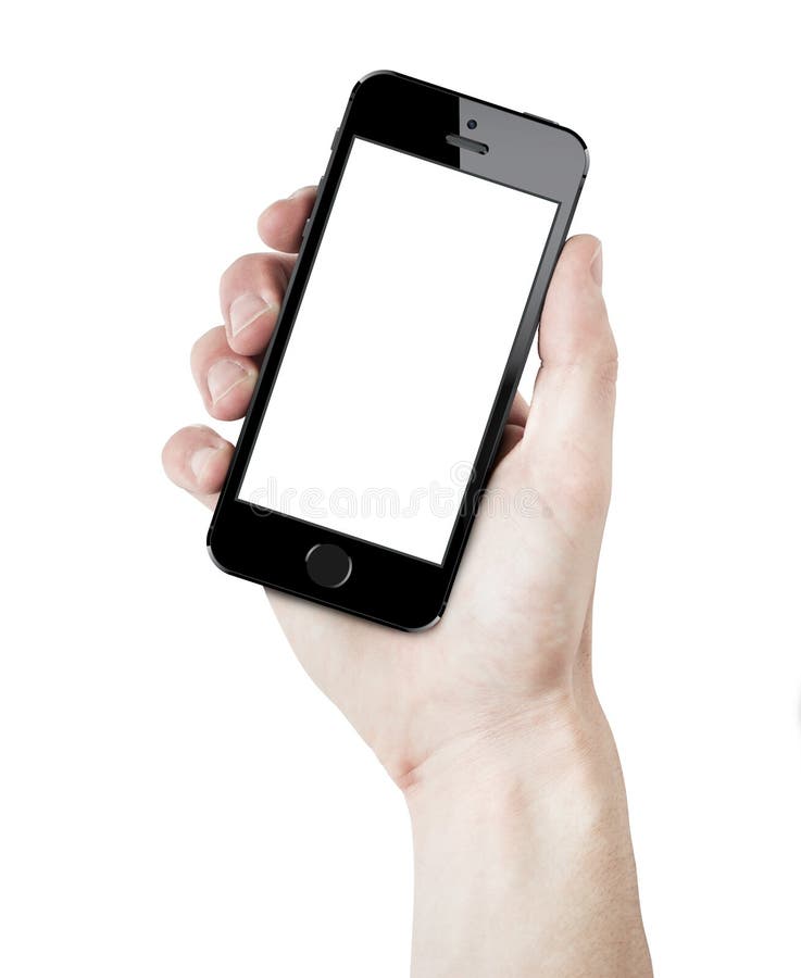 Hand holding a new iPhone 5s in curved position with white blank screen. isolated on white. Hand holding a new iPhone 5s in curved position with white blank screen. isolated on white.