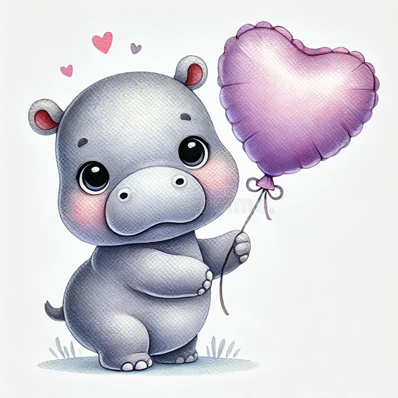 Ippopotamo con un pallone a forma di cuore. Ippopotamo teneva in mano un pallone a forma di cuore, giocoso e allegro