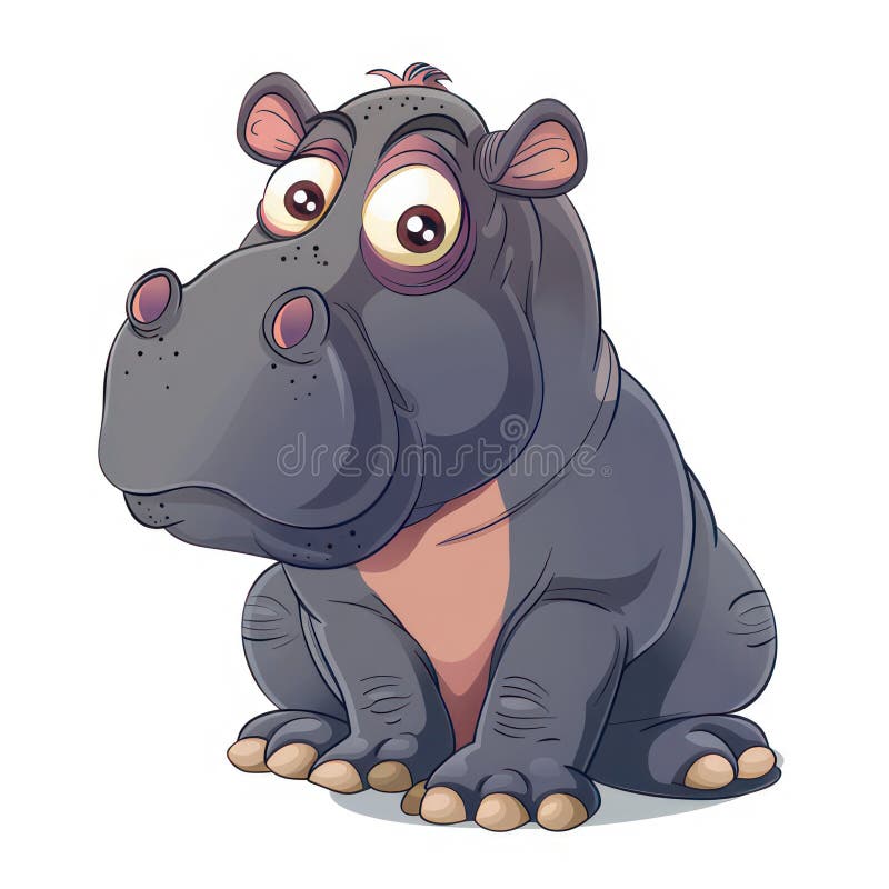 Funny cartoon hippo isolated on white created with Generative AI. Grey cute wild animal with a big nose. Funny cartoon hippo isolated on white created with Generative AI. Grey cute wild animal with a big nose.