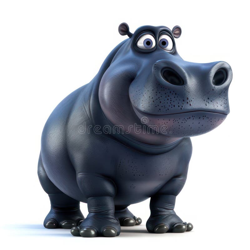 Funny cartoon hippo isolated on white created with Generative AI. Grey cute wild animal with a big nose. Funny cartoon hippo isolated on white created with Generative AI. Grey cute wild animal with a big nose.