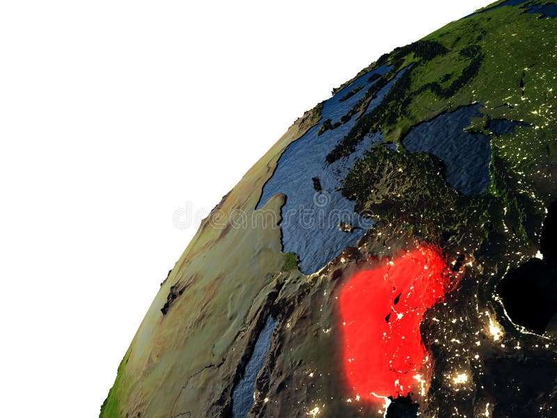 Irak w czerwieni na ziemi przy nocą. Irak podkreślał w czerwieni na planety ziemi z widocznymi miast światłami 3D illutration z szczegółową planety powierzchnią Elementy ten wizerunek meblujący NASA