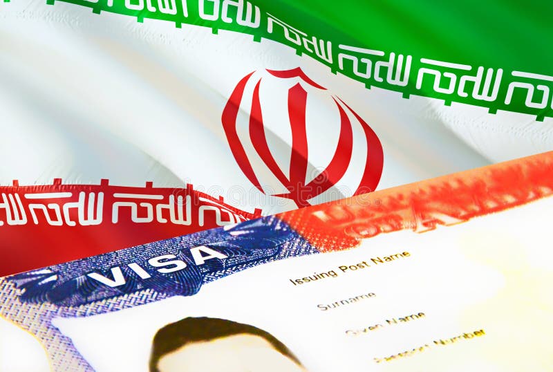 Iran immigration document close up. Passport visa on Iran flag. Iran visitor visa in passport,3D rendering. Iran multi entrance stock illustration