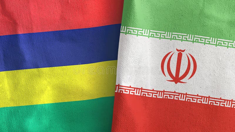 Iran and Mauritius two flags textile cloth 3D rendering. Iran and Mauritius two folded flags together 3D rendering