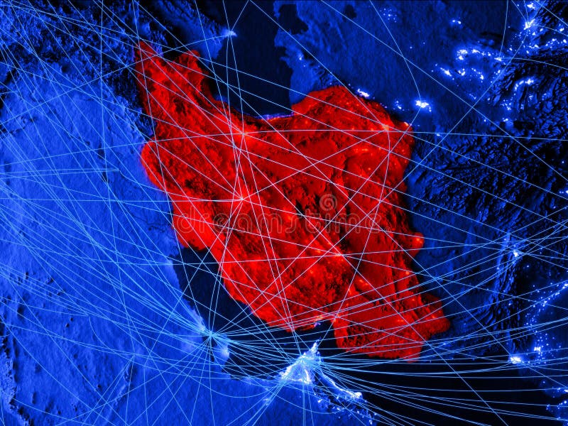 Iran na błękitnej cyfrowej mapie z sieciami Pojęcie międzynarodowa podróż, komunikacja i technologia, ilustracja 3 d elementy ilustracji