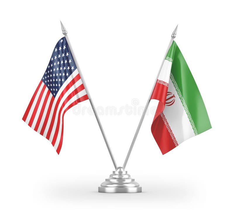 Irans och Förenta staternas bordsflaggor isolerade vid vit 3D-rendering. Irans och Förenta staternas bordsflaggor isolerade på 3D-rendering med vit bakgrund