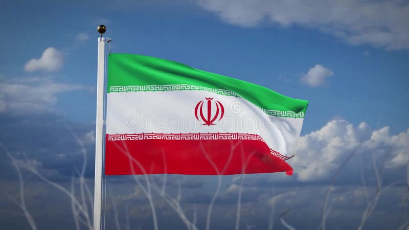 Iransk flagga som viftar med grumlig film från himmelriket
