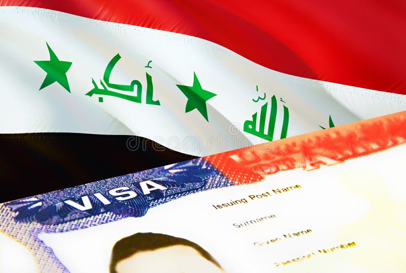 Iraq immigration document close up. Passport visa on Iraq flag. Iraq visitor visa in passport,3D rendering. Iraq multi entrance stock illustration