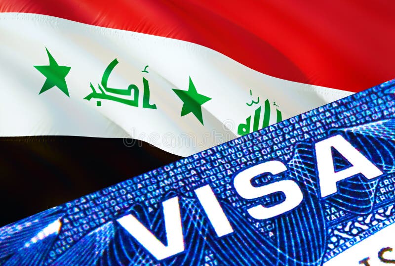 Iraq visa document close up. Passport visa on Iraq flag. Iraq visitor visa in passport,3D rendering. Iraq multi entrance in royalty free illustration