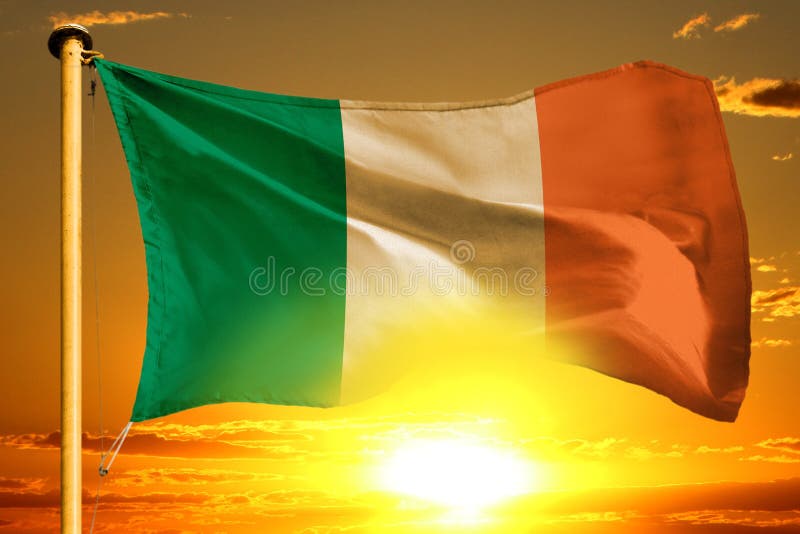 Ireland Flag Weaving on the Beautiful Orange Sunset with Clouds