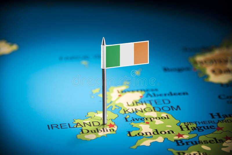 Ireland marked with a flag on the map.