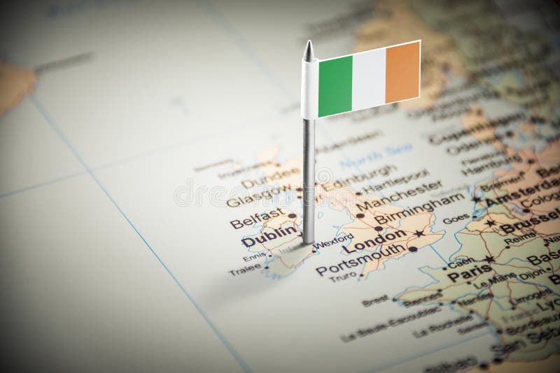 Ireland marked with a flag on the map.