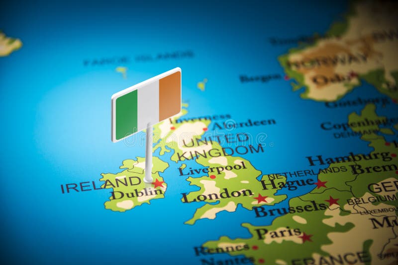 Ireland marked with a flag on the map.