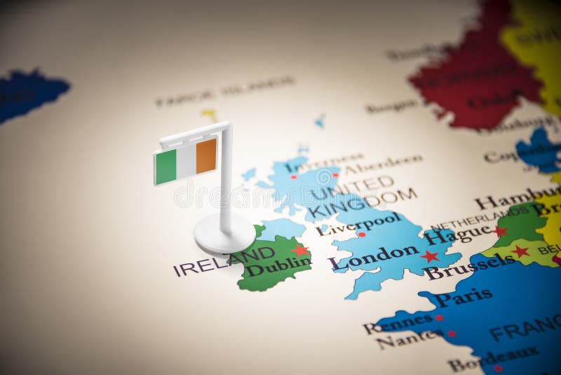 Ireland marked with a flag on the map.