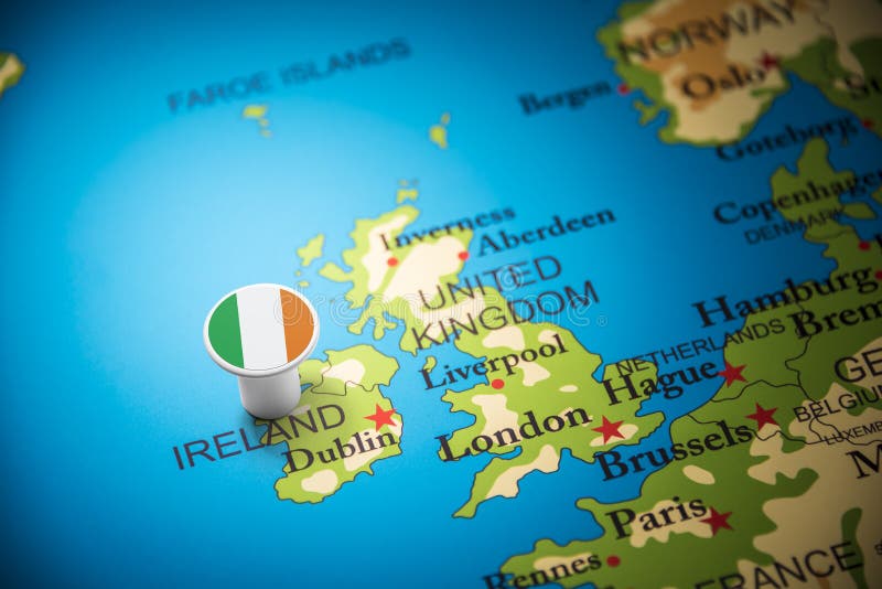 Ireland marked with a flag on the map.