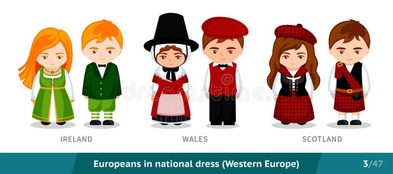 Ireland, Wales, Scotland. Men and Women in National Dress Stock Vector ...