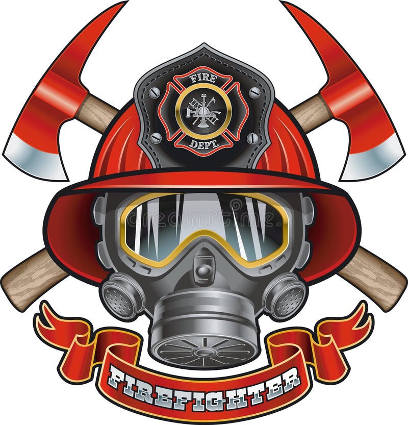 100 % scaleable vector illustration of illustration of ireman helmet, gas mask, crossed axes and text firefighter. 100 % scaleable vector illustration of illustration of ireman helmet, gas mask, crossed axes and text firefighter