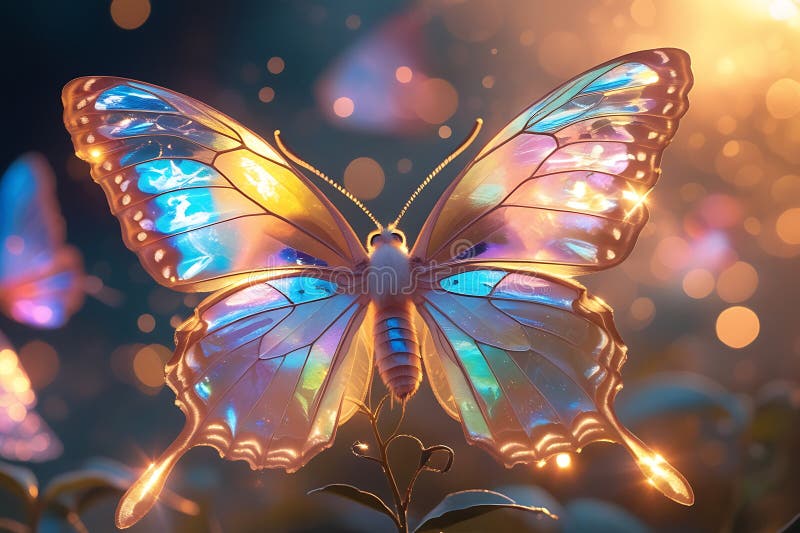 Iridescent butterfly wings, macro photography, golden hour lighting, bokeh background, ethereal glow, delicate details, shimmering textures, soft focus, magical atmosphere, nature close-up, dreamlike. Lighting bokeh illustrations
