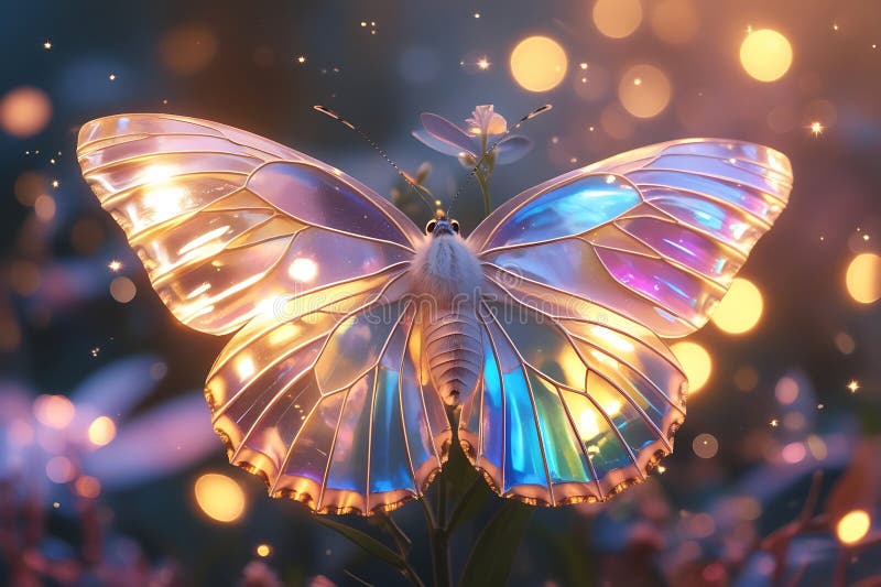 Iridescent butterfly wings, macro photography, golden hour lighting, bokeh background, ethereal glow, delicate details, shimmering textures, soft focus, magical atmosphere, nature close-up, dreamlike. Lighting bokeh illustrations