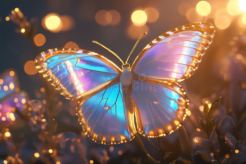 Iridescent butterfly wings, macro photography, golden hour lighting, bokeh background, ethereal glow, delicate details, shimmering textures, soft focus, magical atmosphere, nature close-up, dreamlike. Lighting bokeh illustrations