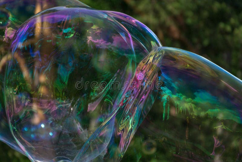 Iridescent Large Soap Bubbles Against the Background of the Forest ...