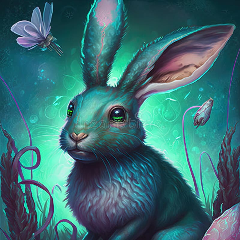 Neon Psychedelic Rabbit in Enchanted Forest. Generative AI. Not Based