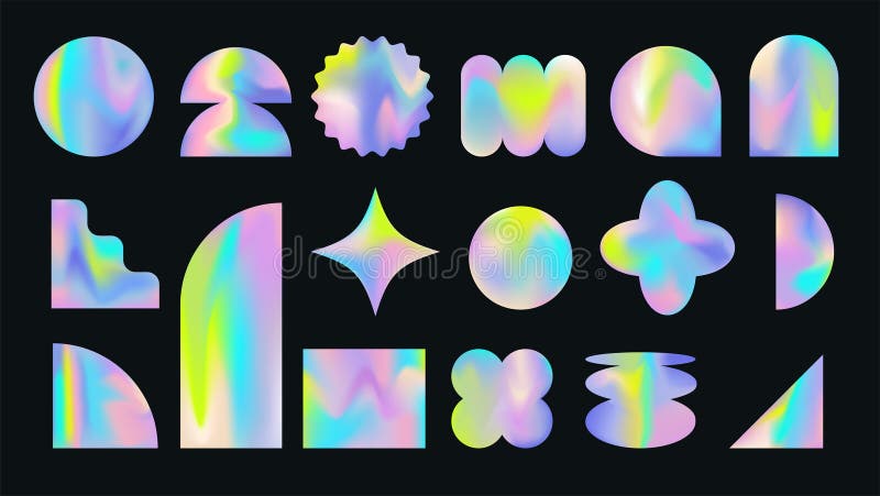 Iridescent retro futuristic abstract shapes with holographic gradients on black background. royalty free illustration