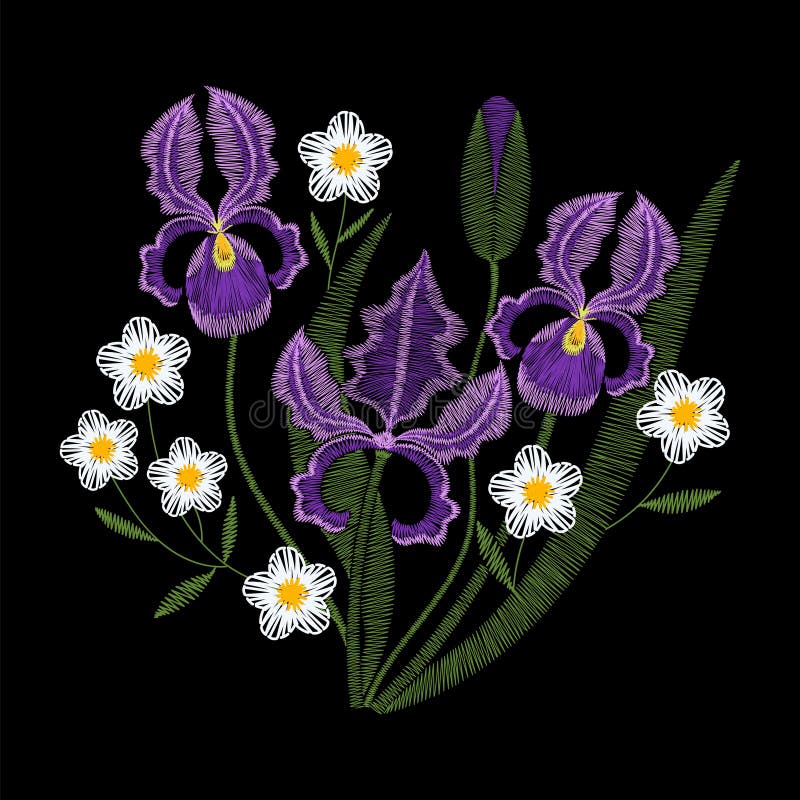 Irisbloemen met de vector van het kamilleborduurwerk royalty-vrije illustratie Irisbloemen met de vector van het kamilleborduurwerk royalty-vrije illustratie