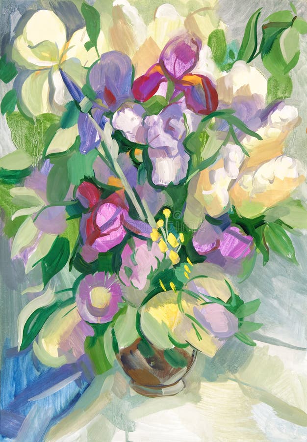 Irises. Still life with a bouquet of flowers. Gouache painting