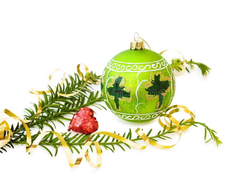 Irish Christmas celebration with green bauble, handpainted shamrock and sparkling heart. Isolated on white background. Irish Christmas celebration with green bauble, handpainted shamrock and sparkling heart. Isolated on white background.