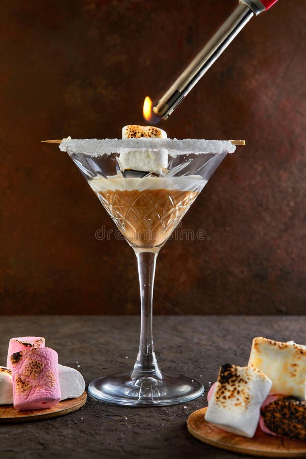 Irish Cream Liqueur in a Martini Glass with Marshmallows Lights with a