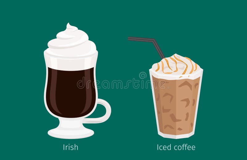 Irish and Iced coffee with foam and tubule in glass cups on emerald background with signs under each. Kinds of Irish coffee. Minimalist isolated vector illustration for coffee shops and cafes. Irish and Iced coffee with foam and tubule in glass cups on emerald background with signs under each. Kinds of Irish coffee. Minimalist isolated vector illustration for coffee shops and cafes.