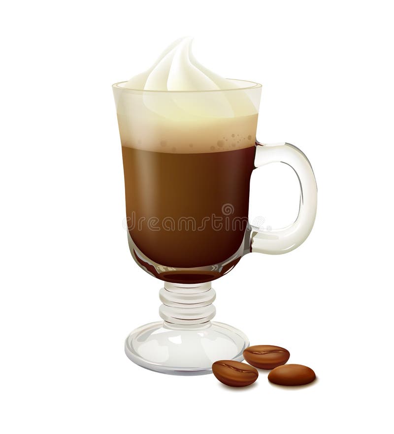 Irishcoffee in einem Glas mit Kaffeebohnen auf weißem Hintergrund lizenzfreie abbildung Irishcoffee in einem Glas mit Kaffeebohnen auf weißem Hintergrund lizenzfreie abbildung