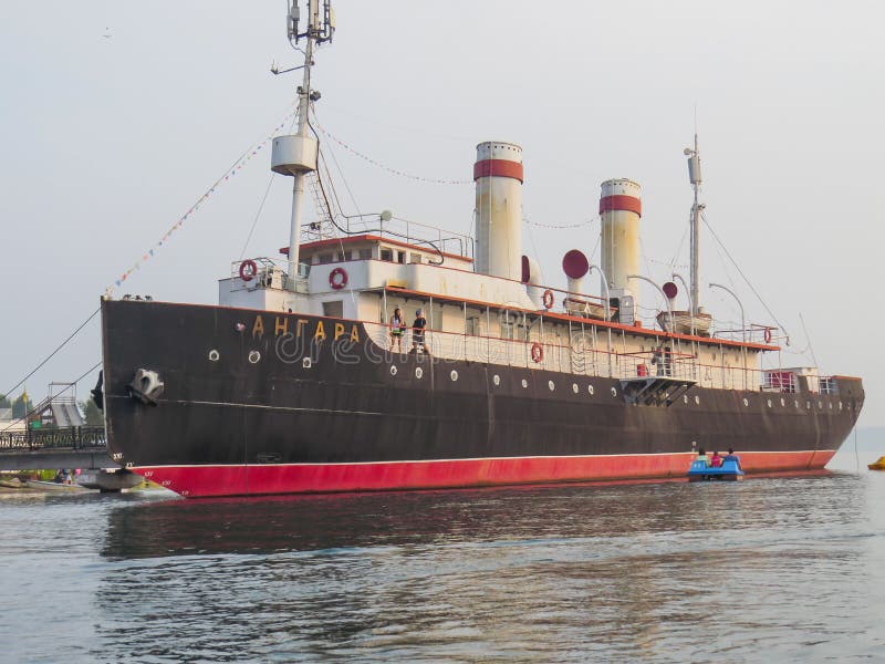 View of the ship, the Angara icebreaker museum, from the lake stock photography View of the ship, the Angara icebreaker museum, from the lake stock photography