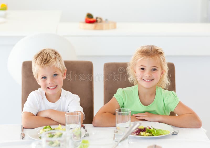 Irmão e irmã felizes durante o almoço foto de stock