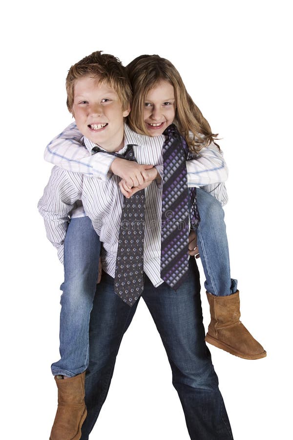 Brother and Sister Playing Around - Isolated Background. Brother and Sister Playing Around - Isolated Background