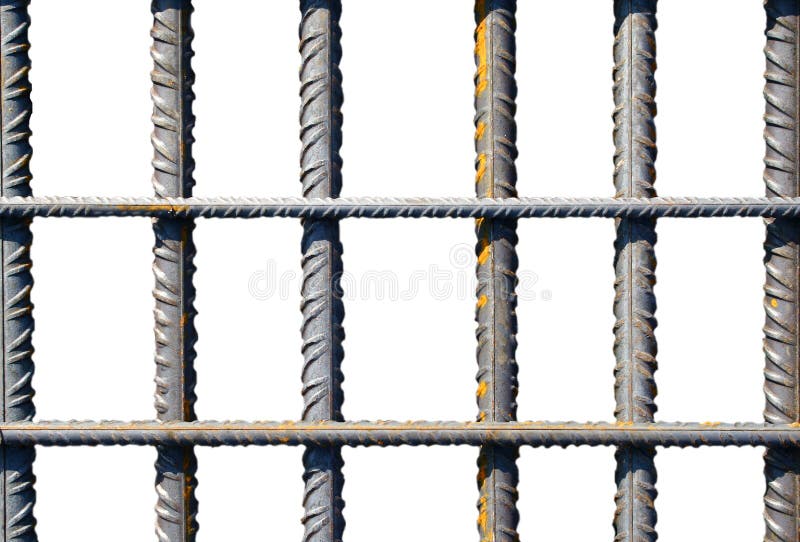 Pohled na ocelové tyče na bílém pozadí, která vypadá jako železné tyče ve vězení.