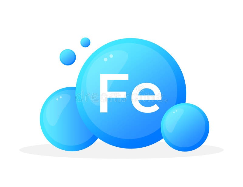 Iron element with dynamic blue bubbles and Fe symbol stock illustration