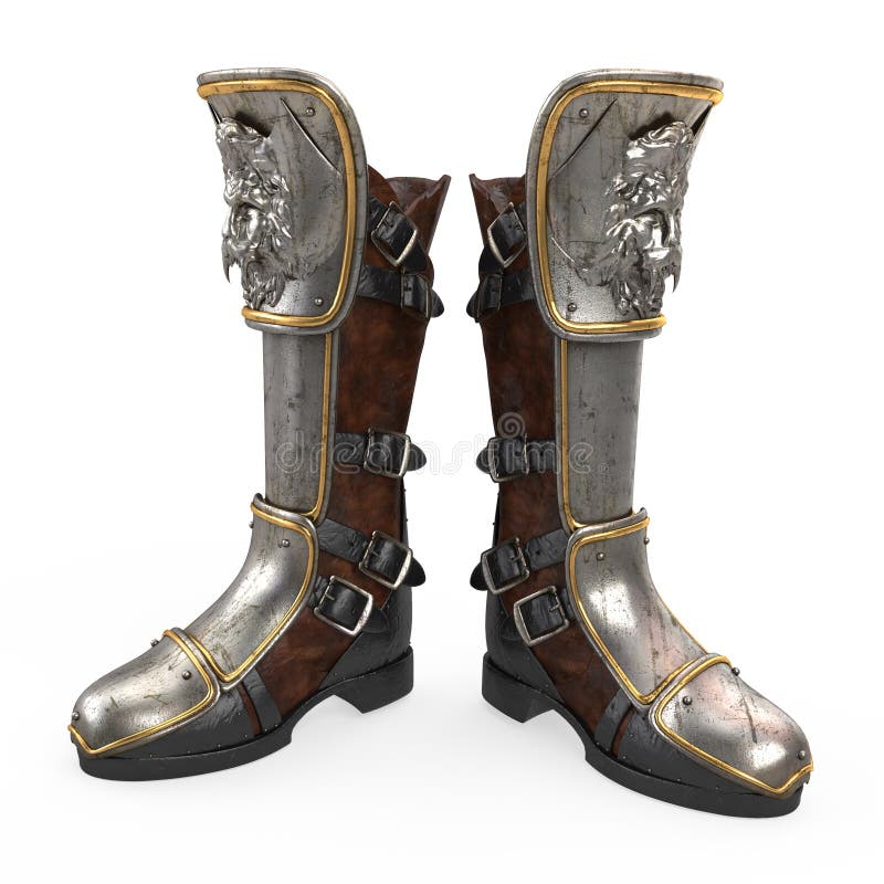 Iron Fantasy High Boots Knight Armor Isolated on White Background. 3d ...